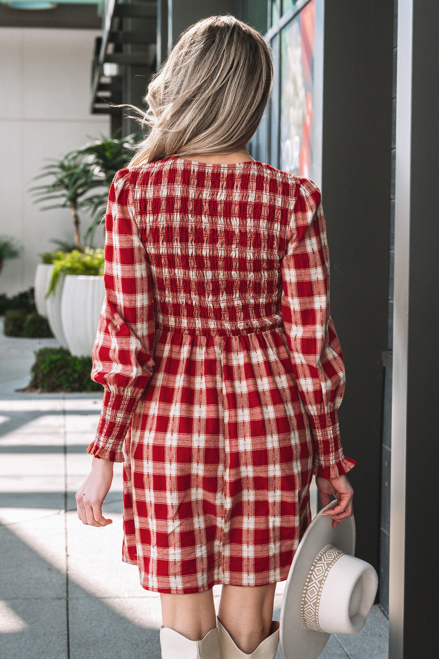 Red Plaid Print Smocked Puff Sleeve Mini Dress