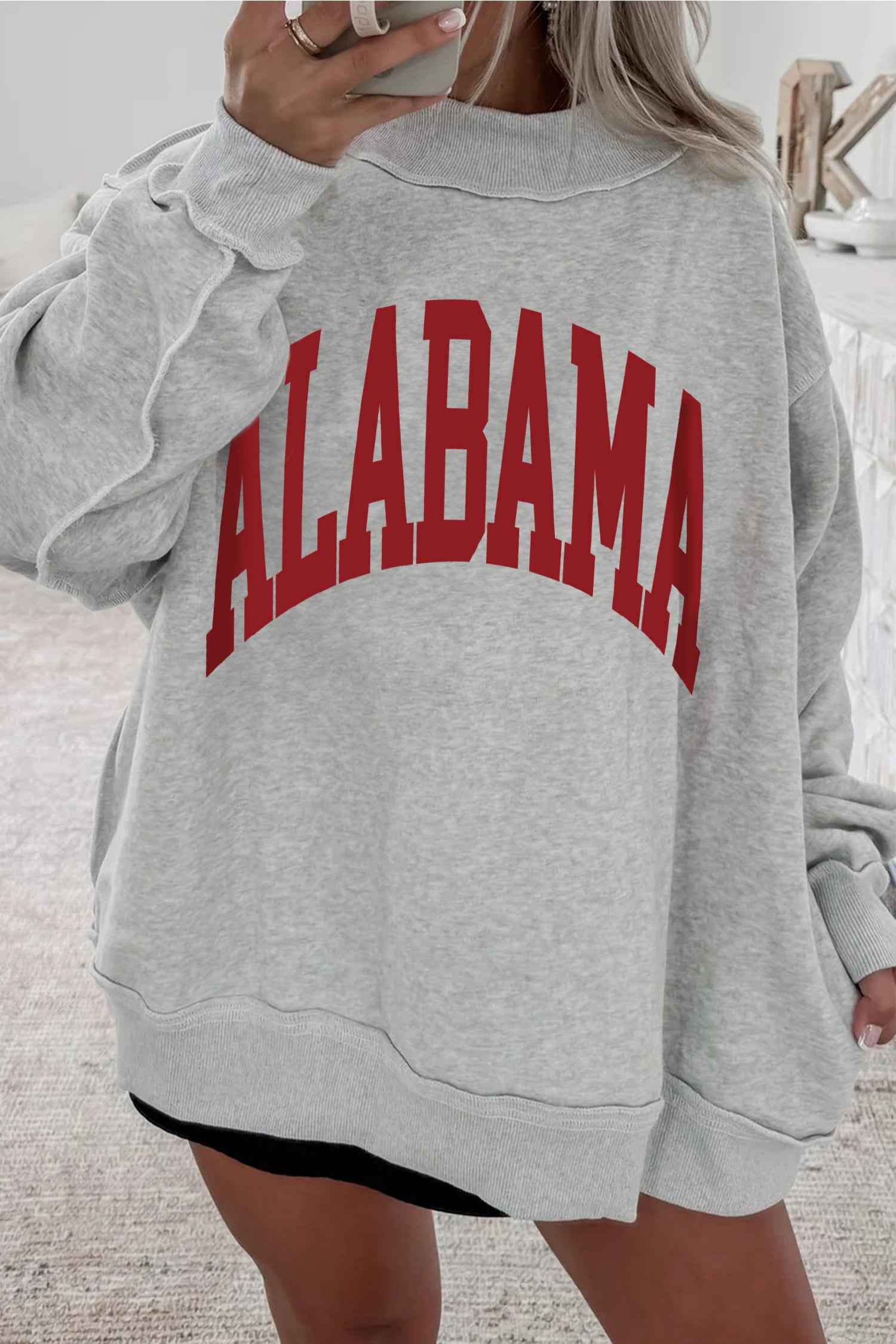 Light Grey AL Reversible Printed Ribbed Patchwork Mock Neck Sweatshirt-Graphic/Graphic Sweatshirts-[Adult]-[Female]-2022 Online Blue Zone Planet