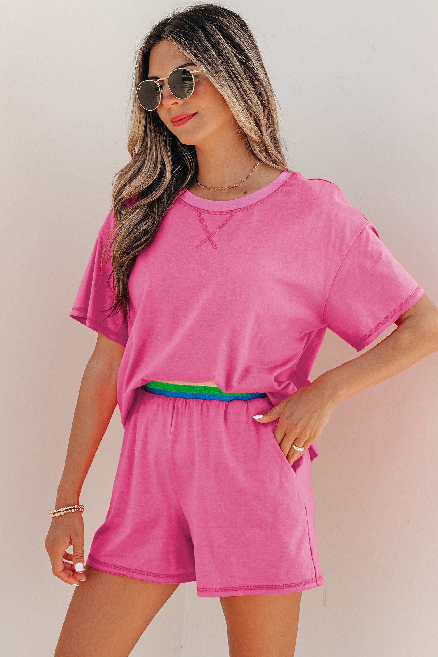 Bright Pink Seam Detail Raw Edge Tee Rainbow Waistband Casual Short Set-Two Piece Sets/Short Sets-[Adult]-[Female]-2022 Online Blue Zone Planet