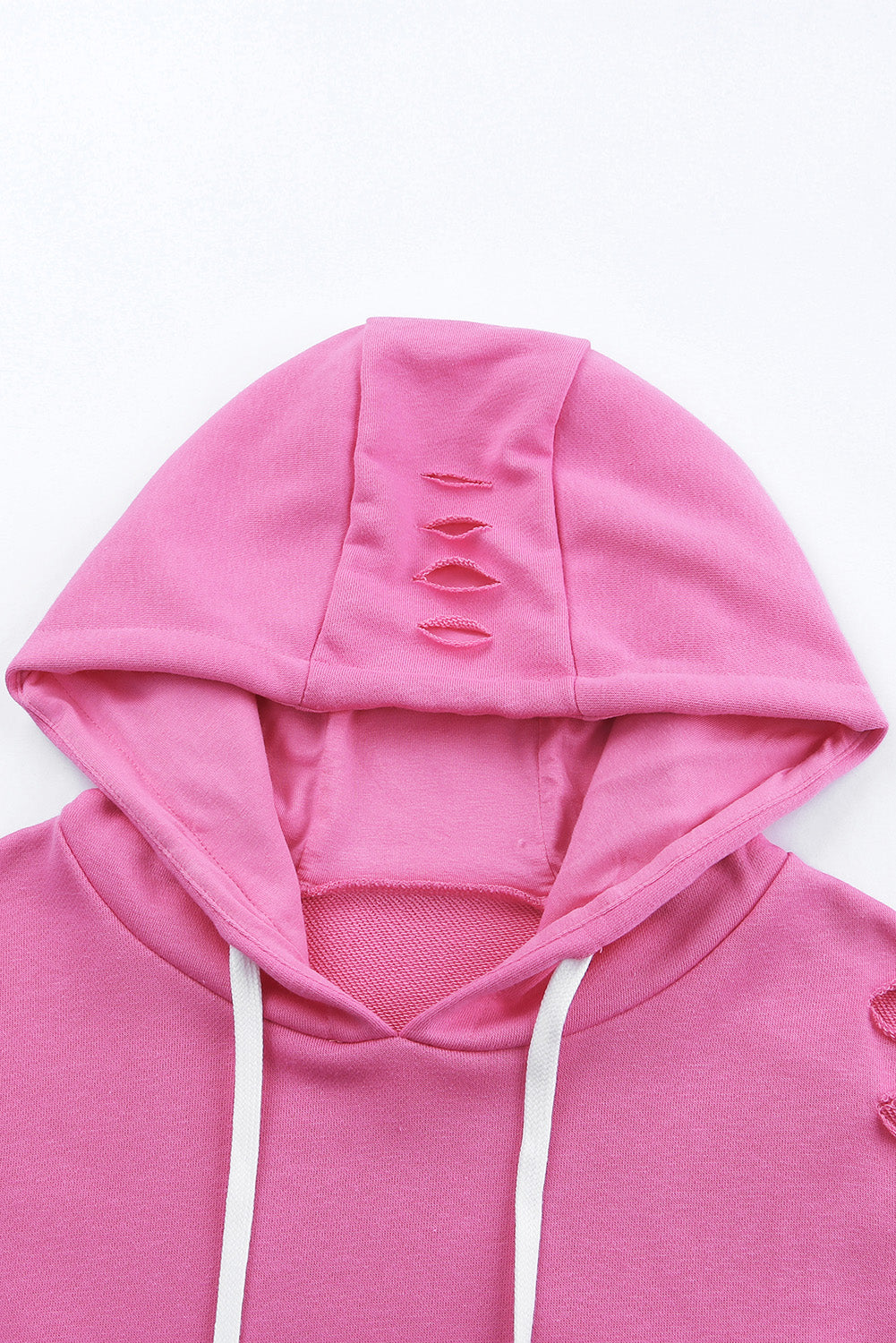 Pink Solid Ripped Hooded Sweatshirt with Kangaroo Pocket-Tops/Sweatshirts & Hoodies-[Adult]-[Female]-2022 Online Blue Zone Planet