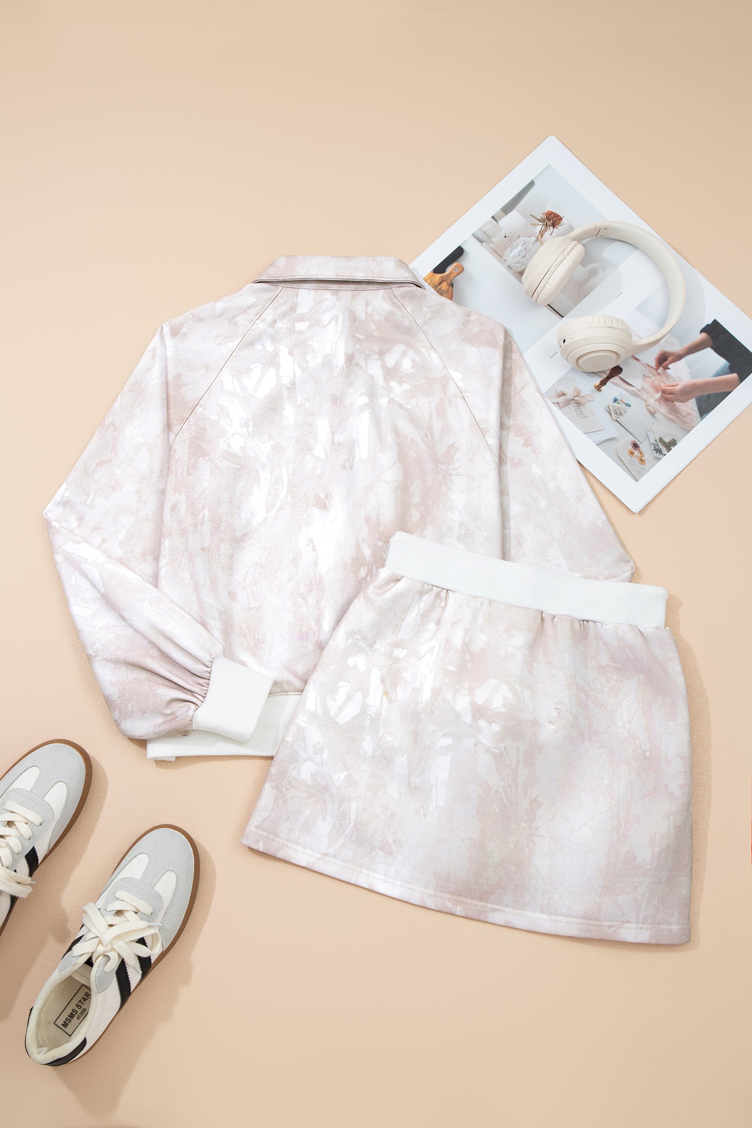 White Abstract Woodland Print Balloon Sleeve Pullover Drawstring Mini Skirt Set-Two Piece Sets/Two Piece Dresses-[Adult]-[Female]-2022 Online Blue Zone Planet