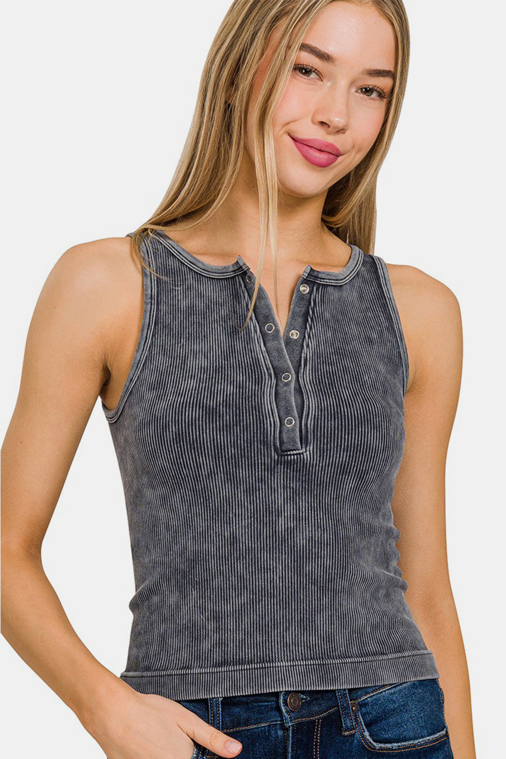 Zenana Washed Ribbed Half Snap Seamless Tank-TOPS / DRESSES-[Adult]-[Female]-2022 Online Blue Zone Planet