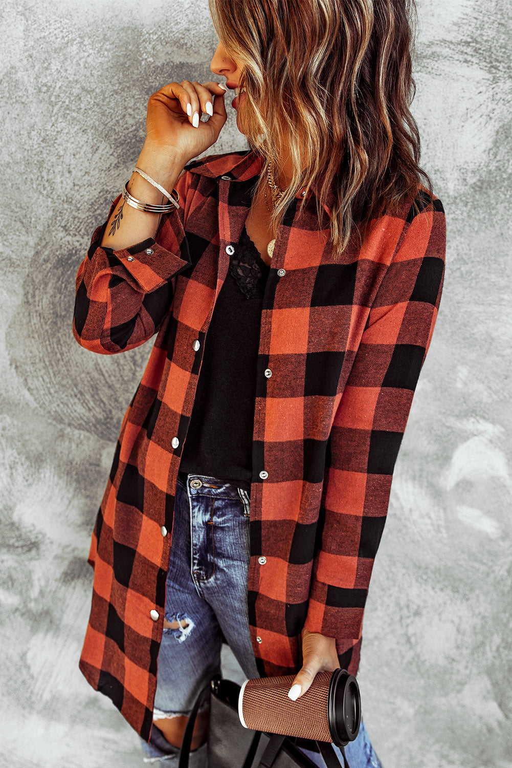 Fiery Red Turn-down Collar Plaid Shirt Coat-Outerwear/Coats-[Adult]-[Female]-2022 Online Blue Zone Planet