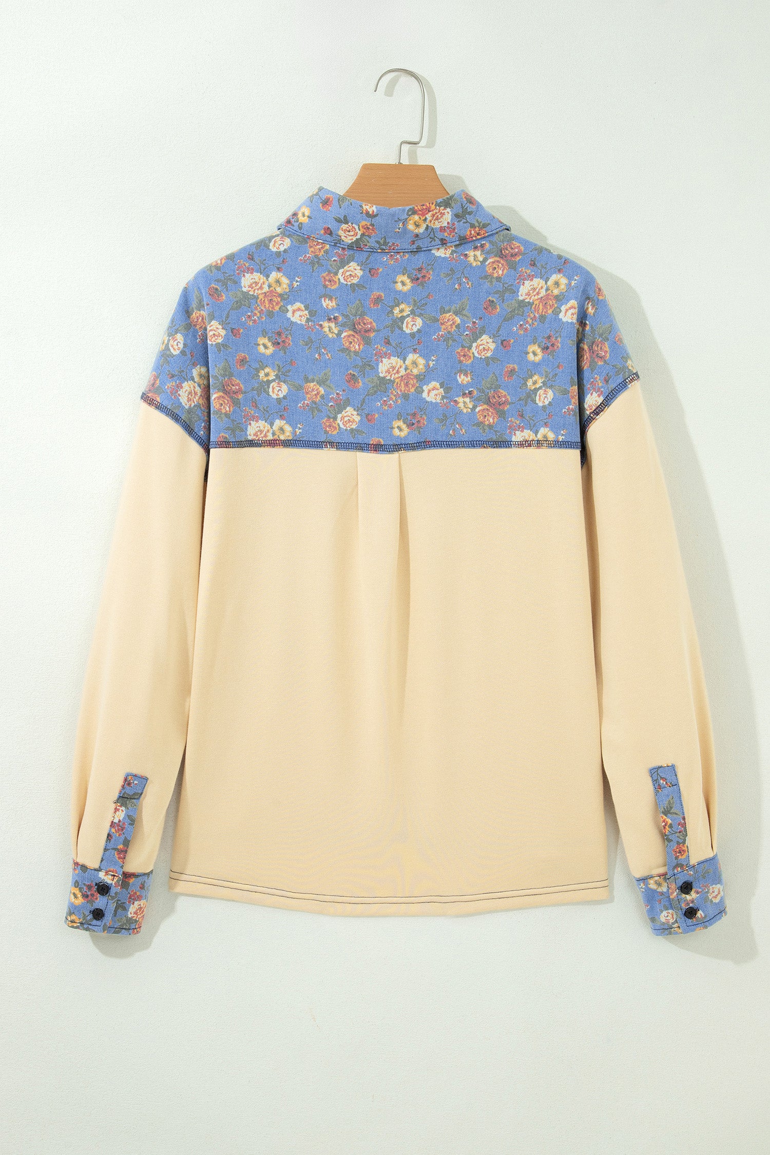 Apricot Floral Denim Patchwork Collar V Neck Long Sleeve Pullover Top-Tops/Long Sleeve Tops-[Adult]-[Female]-2022 Online Blue Zone Planet