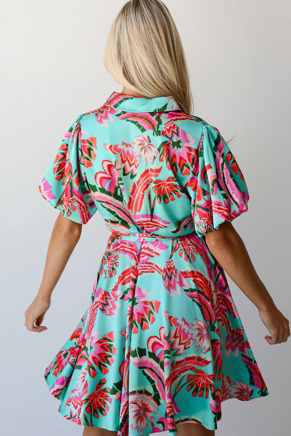 Green Abstract Print Lace-up High Waist Buttoned Mini Dress-TOPS / DRESSES-[Adult]-[Female]-2022 Online Blue Zone Planet