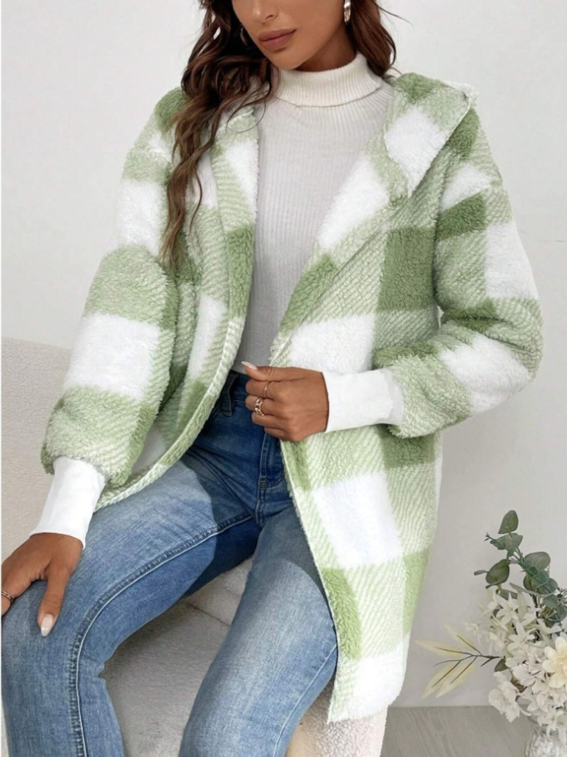 Plaid Long Sleeve Hooded Coat-TOPS / DRESSES-[Adult]-[Female]-Light Green-S-2022 Online Blue Zone Planet