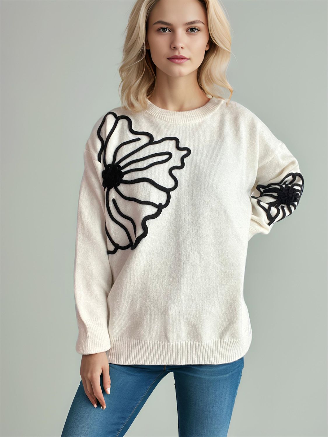 Flower Round Neck Long Sleeve Sweater-TOPS / DRESSES-[Adult]-[Female]-2022 Online Blue Zone Planet