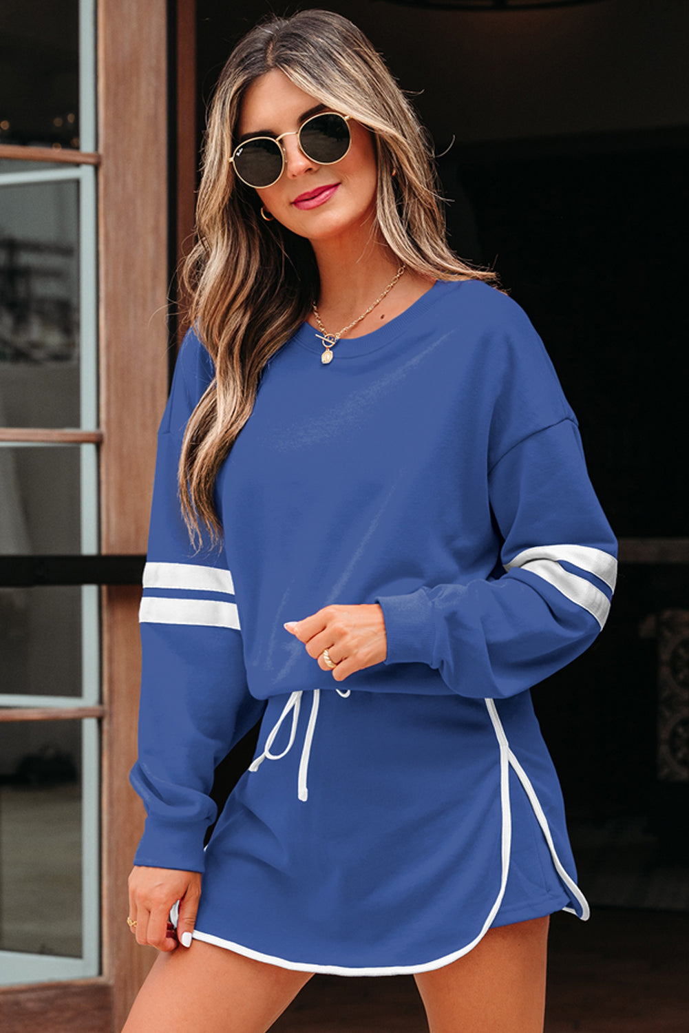 Sky Blue Varsity Stripe Detail Drop Shoulder Pullover Mini Skirt Set-Two Piece Sets/Two Piece Dresses-[Adult]-[Female]-2022 Online Blue Zone Planet