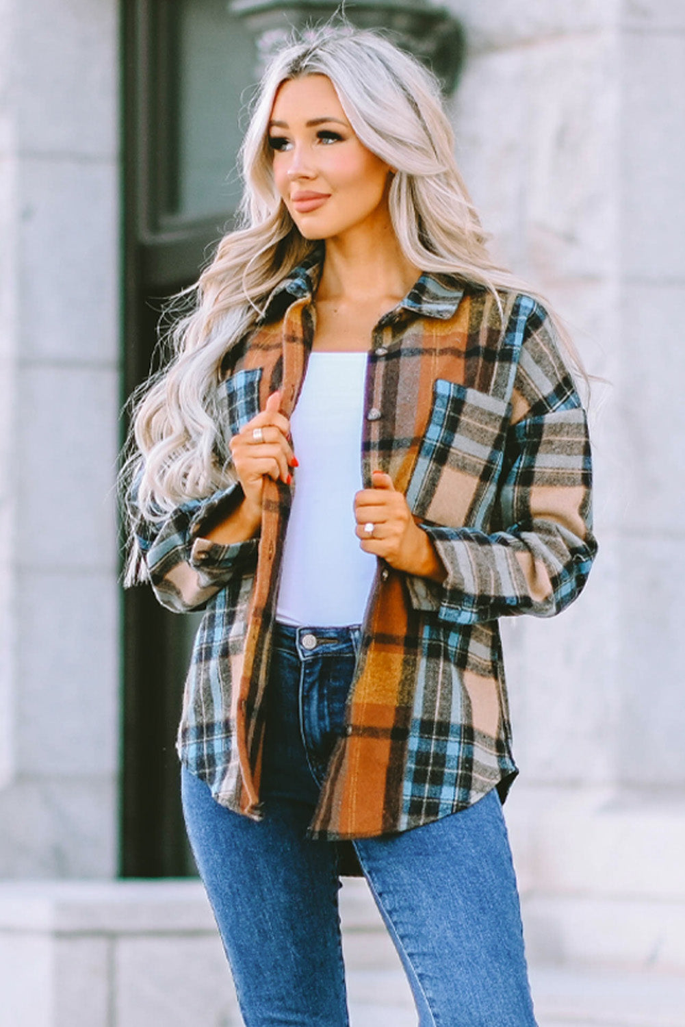 Brown Plaid Color Block Buttoned Shirt with Pockets-Tops/Blouses & Shirts-[Adult]-[Female]-2022 Online Blue Zone Planet