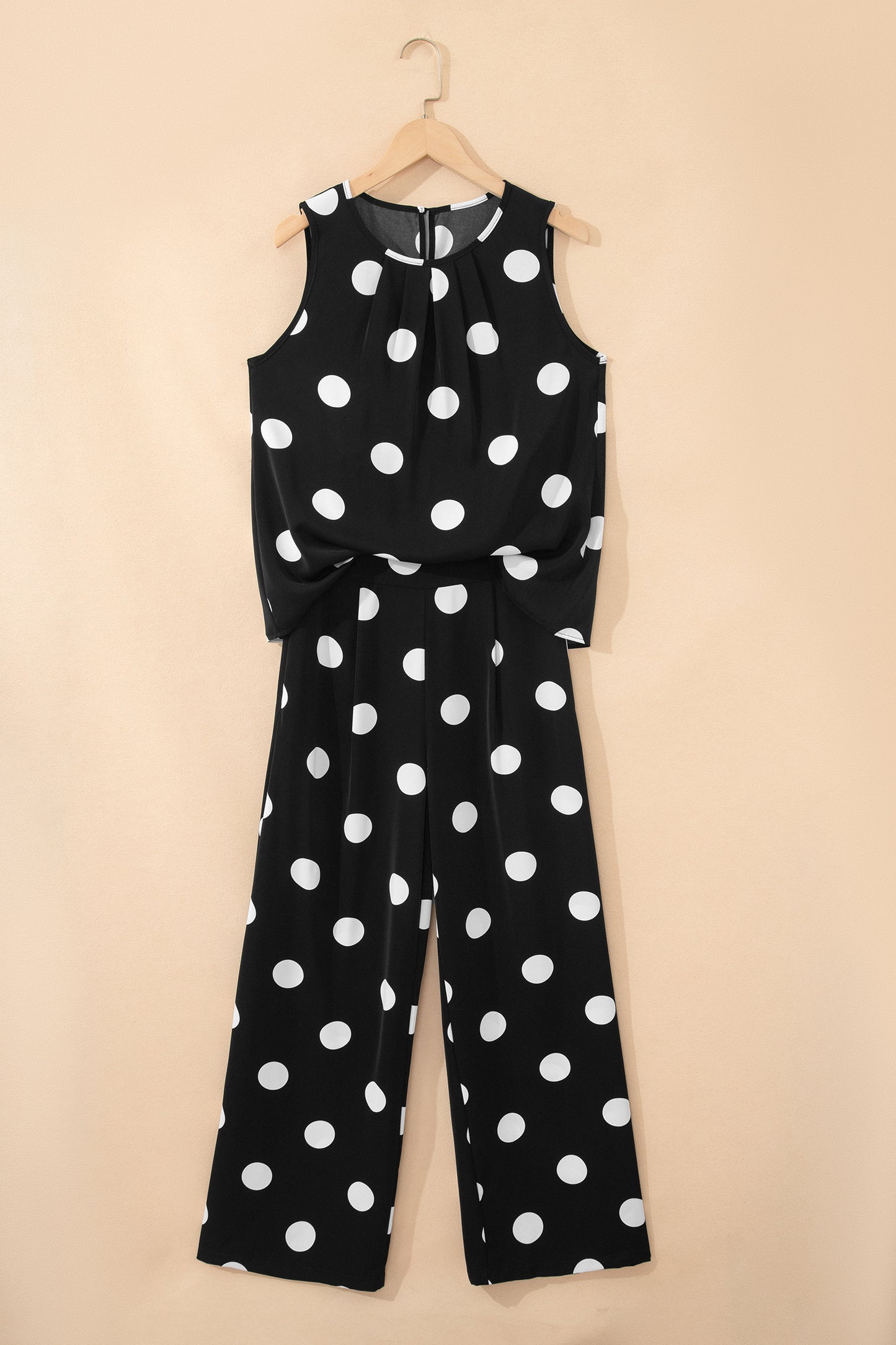 Black Polka Dot Print Pleated Round Neck Tank Casual Wide Leg Two-Piece Outfit-Two Piece Sets/Pant Sets-[Adult]-[Female]-2022 Online Blue Zone Planet
