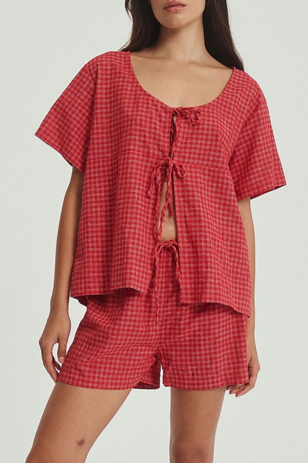 Plaid Tied Scoop Neck Short Sleeve Top and Drawstring Shorts Set-TOPS / DRESSES-[Adult]-[Female]-2022 Online Blue Zone Planet