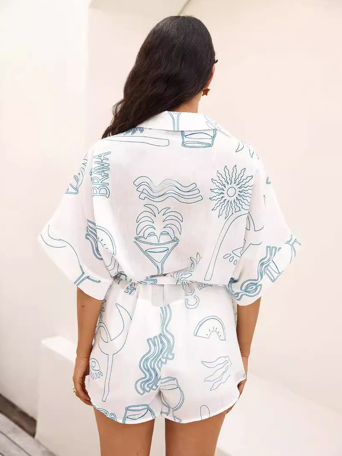 Printed Collared Neck Half Sleeve Romper-TOPS / DRESSES-[Adult]-[Female]-2022 Online Blue Zone Planet