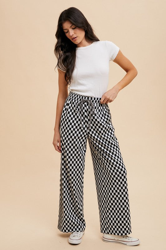 Annie Wear Drawstring Checkered Wide Leg Pants-BOTTOM SIZES SMALL MEDIUM LARGE-[Adult]-[Female]-2022 Online Blue Zone Planet