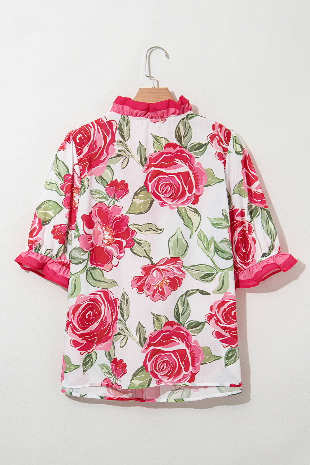 Rose Plus Size Floral Print Frilled Stripes Detail Short Sleeve Blouse-Plus Size/Plus Size Tops/Plus Size Blouses & Shirts-[Adult]-[Female]-2022 Online Blue Zone Planet