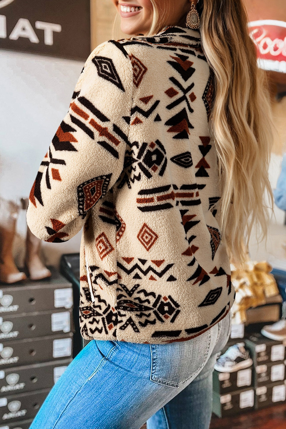 Beige Western Aztec Half Zip Plush Sweatshirt-Tops/Sweatshirts & Hoodies-[Adult]-[Female]-2022 Online Blue Zone Planet
