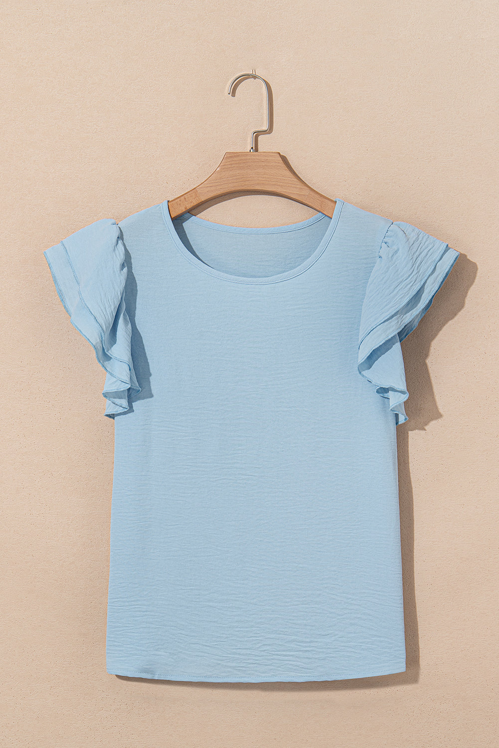 Mist Blue Solid Color Ruffled Short Sleeve Casual Blouse-Tops/Blouses & Shirts-[Adult]-[Female]-2022 Online Blue Zone Planet