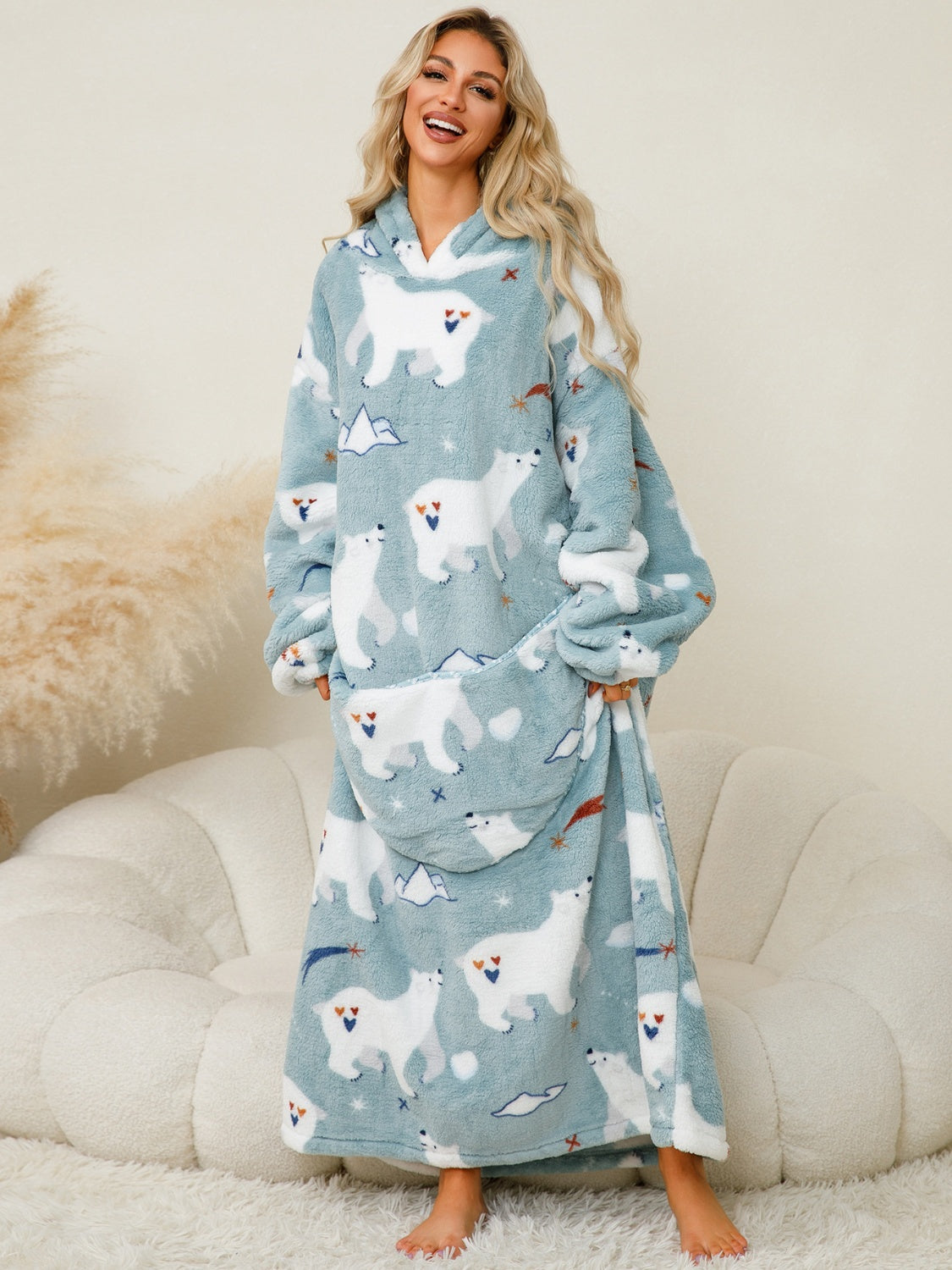 Fuzzy Pocketed Long Sleeve Hooded Lounge Dress-BOTTOMS SIZES SMALL MEDIUM LARGE-[Adult]-[Female]-2022 Online Blue Zone Planet