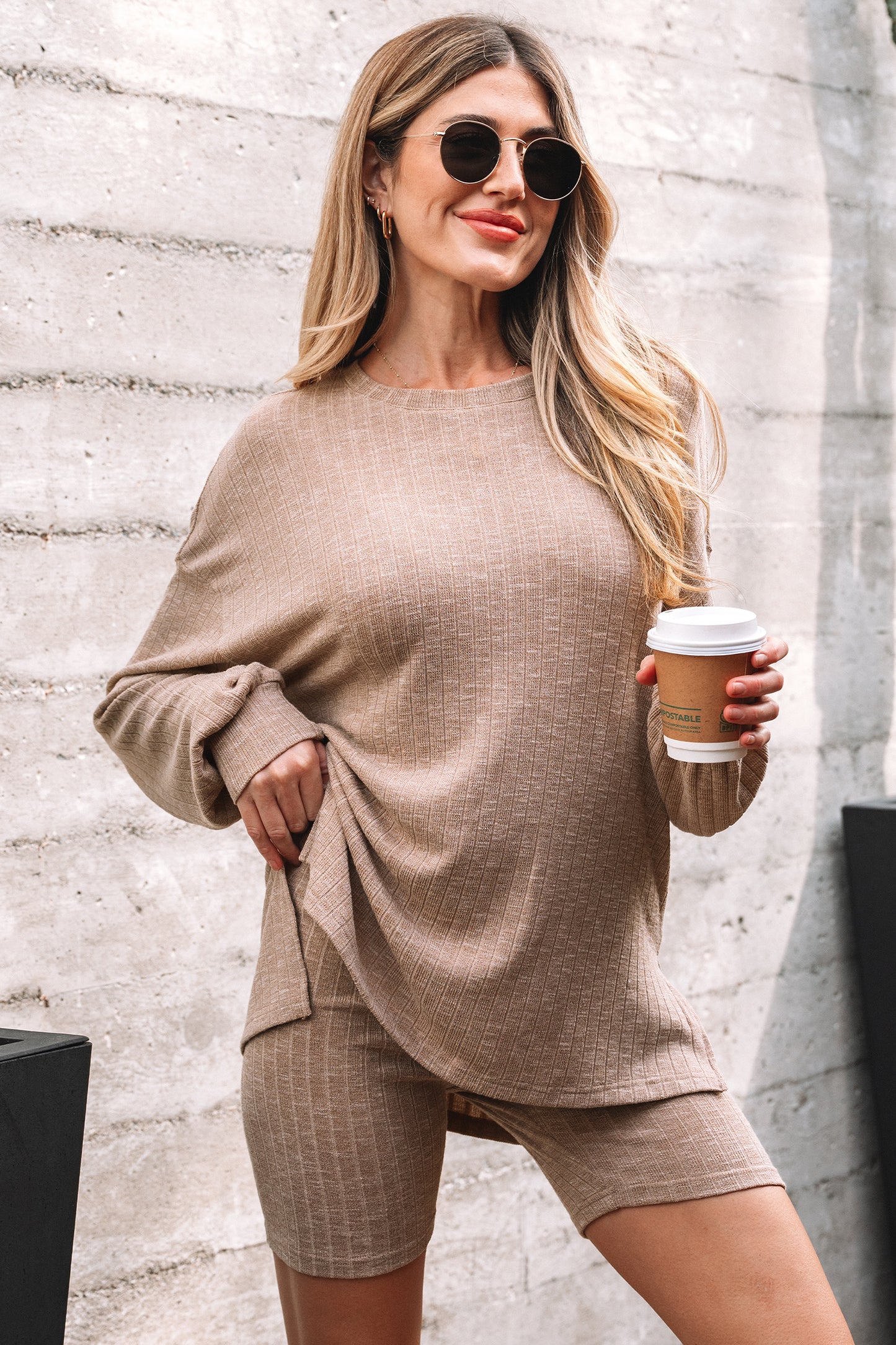 Dark Khaki Ribbed Balloon Sleeve Pullover Top and Biker Knitted Short Set-Two Piece Sets/Short Sets-[Adult]-[Female]-2022 Online Blue Zone Planet