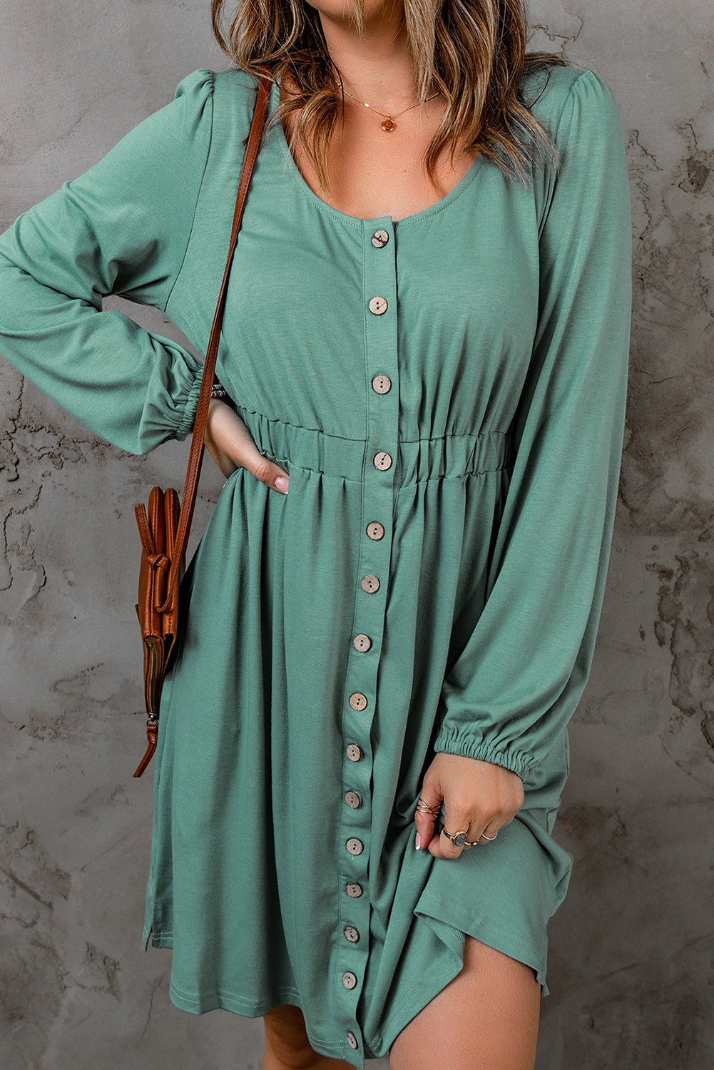 Blue Zone Planet | Green Button Up High Waist Long Sleeve Dress-TOPS / DRESSES-[Adult]-[Female]-Green-S-2022 Online Blue Zone Planet