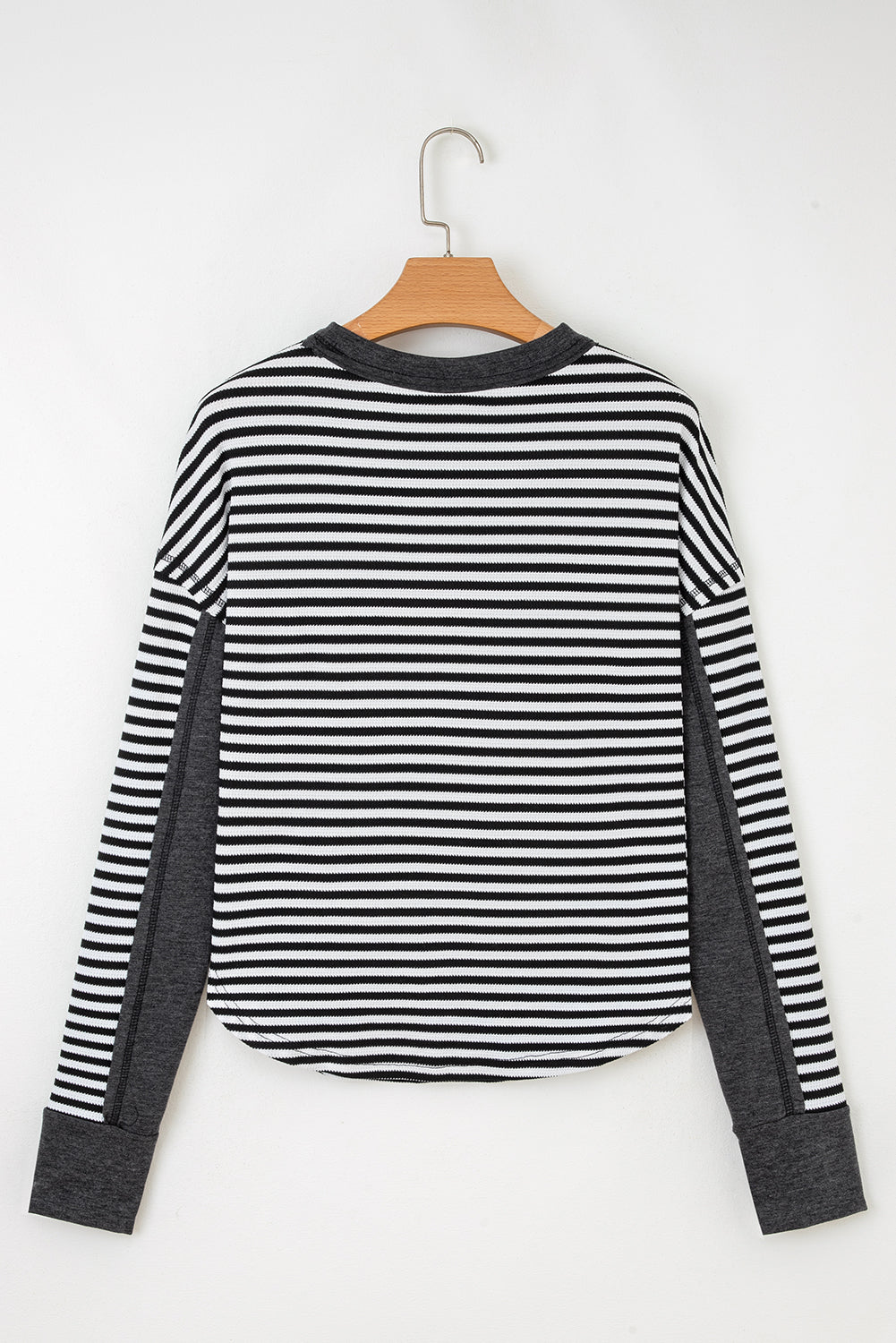 Black Stripe Thermal Knit Drop Shoulder Casual Top-Tops/Long Sleeve Tops-[Adult]-[Female]-2022 Online Blue Zone Planet