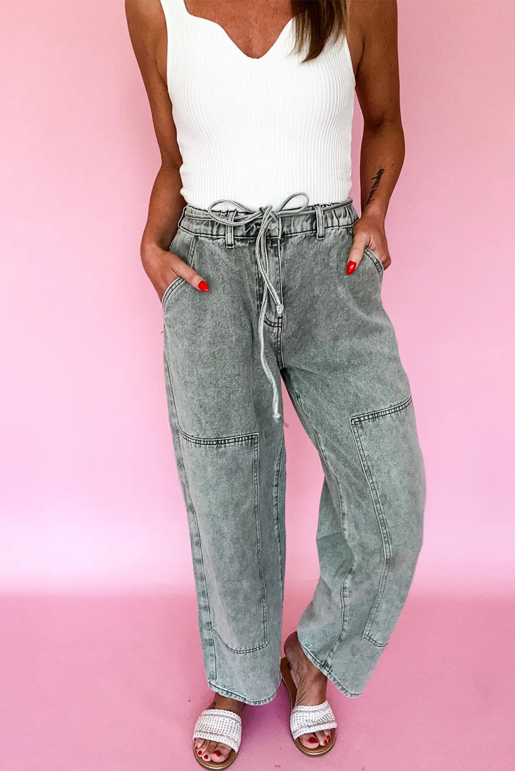 Gray Acid Wash Barrel Fit Denim Pants with Waist String-Bottoms/Jeans-[Adult]-[Female]-Gray-4-2022 Online Blue Zone Planet