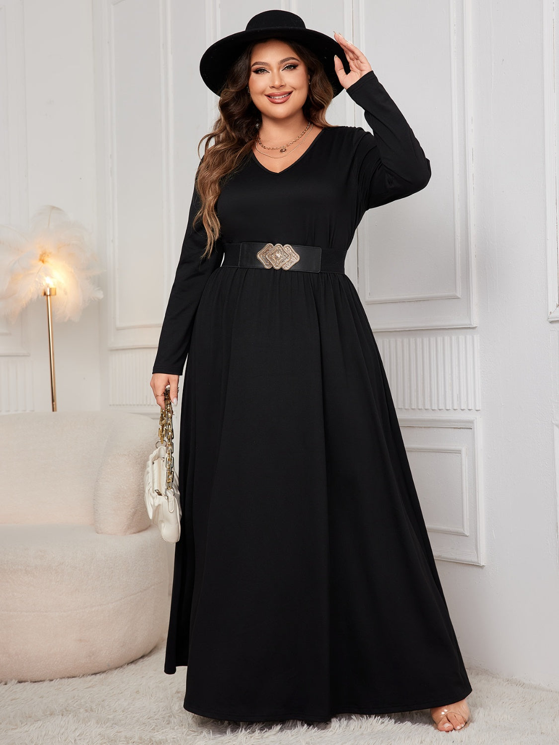 Blue Zone Planet | Plus Size Cutout V-Neck Long Sleeve Maxi Dress-TOPS / DRESSES-[Adult]-[Female]-2022 Online Blue Zone Planet