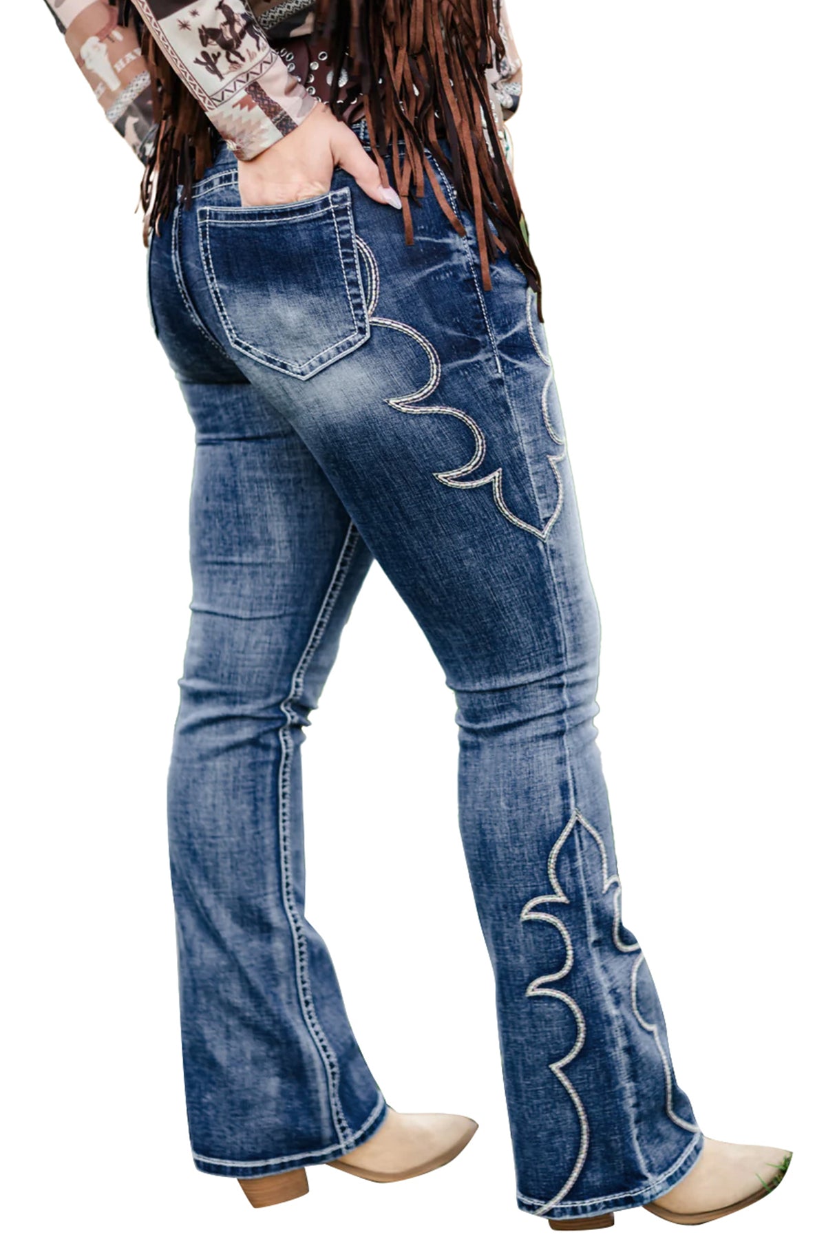 Blue Western Embroidered Flare Full Length Jeans-Bottoms/Jeans-[Adult]-[Female]-2022 Online Blue Zone Planet