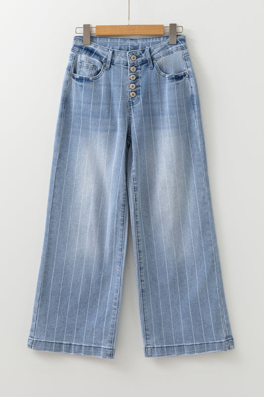 Beau Blue Multi Buttons Pinstripe Wide Leg Jeans-Bottoms/Jeans-[Adult]-[Female]-2022 Online Blue Zone Planet