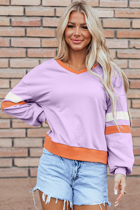 Orchid Bouquet Contrast Rib Knit Patchwork Drop Shoulder V Neck Sweatshirt-Tops/Sweatshirts & Hoodies-[Adult]-[Female]-Orchid Bouquet-S-2022 Online Blue Zone Planet