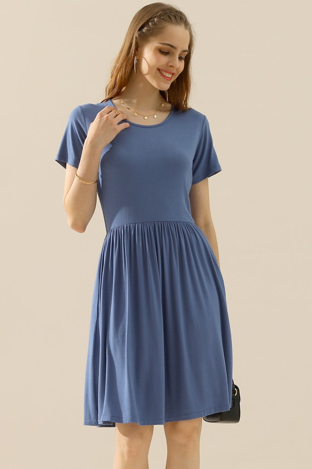 Ninexis Full Size Round Neck Ruched Dress with Pockets-TOPS / DRESSES-[Adult]-[Female]-DENIMBLUE-S-2022 Online Blue Zone Planet