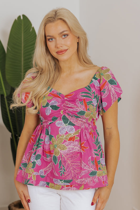 Purple Floral Print Sweetheart Neck Flutter Sleeve Blouse-Tops/Blouses & Shirts-[Adult]-[Female]-Purple-S-2022 Online Blue Zone Planet