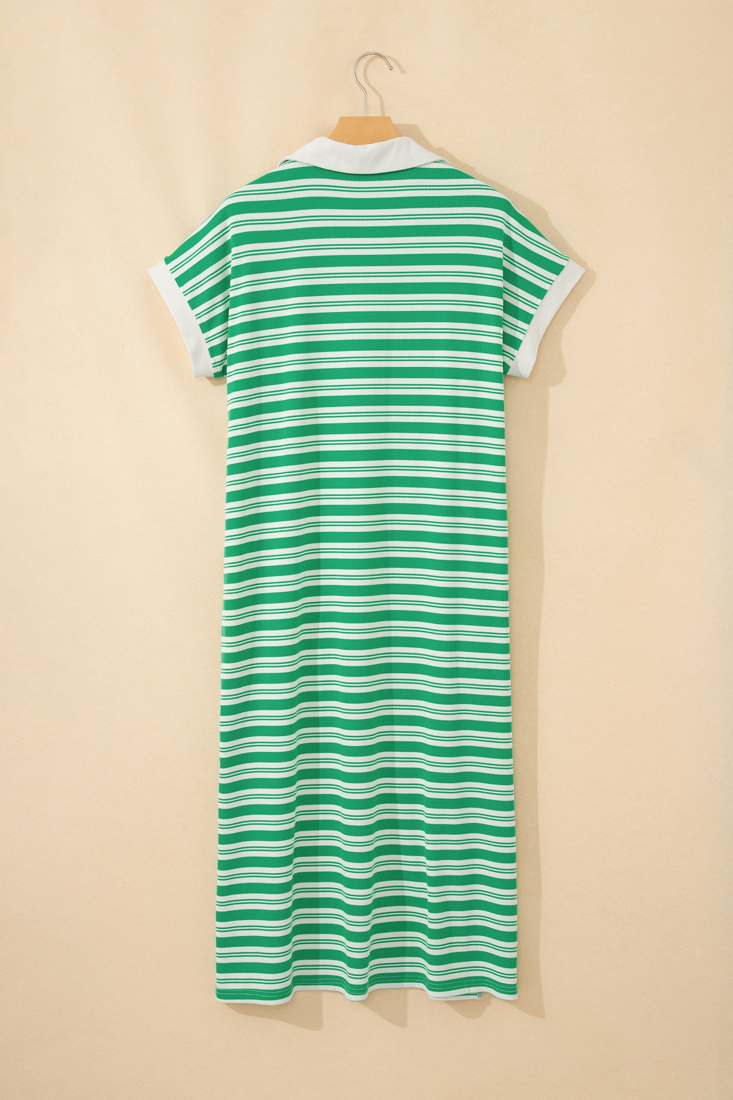 Green Stripe Collared V Neck Short Sleeve T Shirt Midi Dress with Pockets-TOPS / DRESSES-[Adult]-[Female]-2022 Online Blue Zone Planet