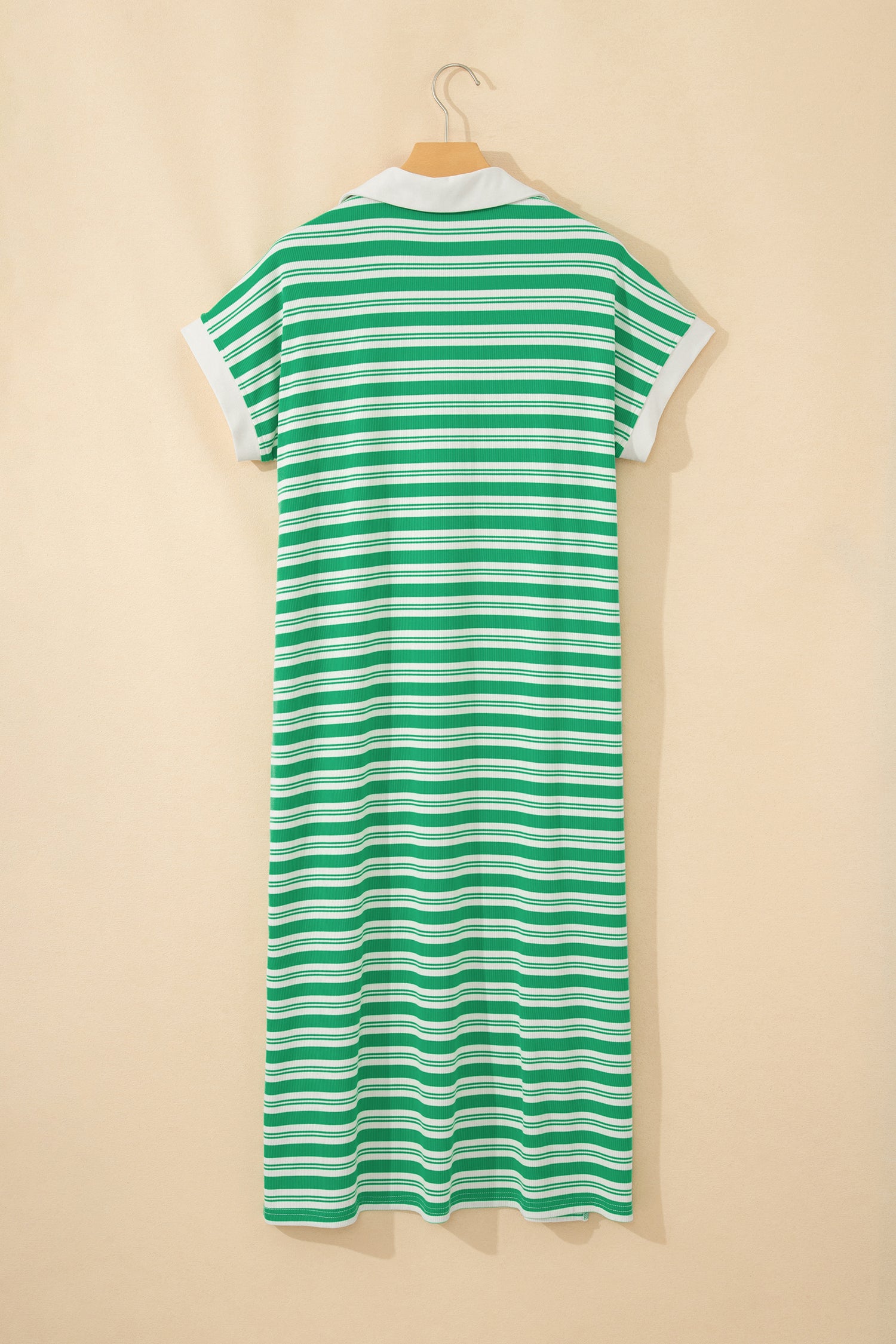 Green Stripe Collared V Neck Short Sleeve T Shirt Midi Dress with Pockets-TOPS / DRESSES-[Adult]-[Female]-2022 Online Blue Zone Planet