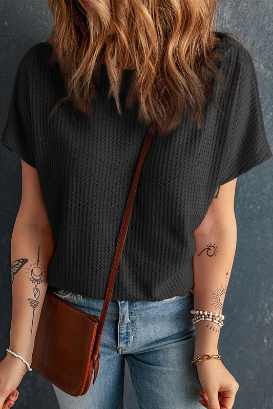 Black Waffle Knit Boat Neck Short Sleeve Top-Tops/Tops & Tees-[Adult]-[Female]-Black-S-2022 Online Blue Zone Planet