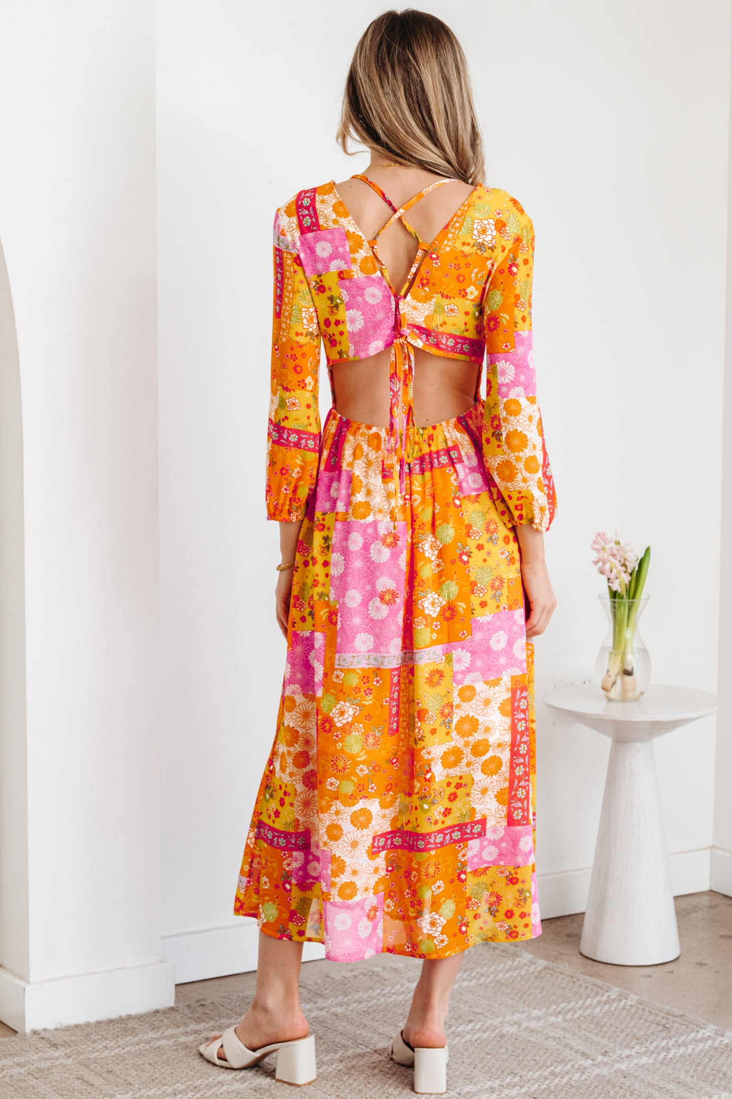 Orange Floral Patchwork Print Cut out Tied Back Bracelet Sleeve Maxi Dress-Bracelet-[Adult]-[Female]-2022 Online Blue Zone Planet