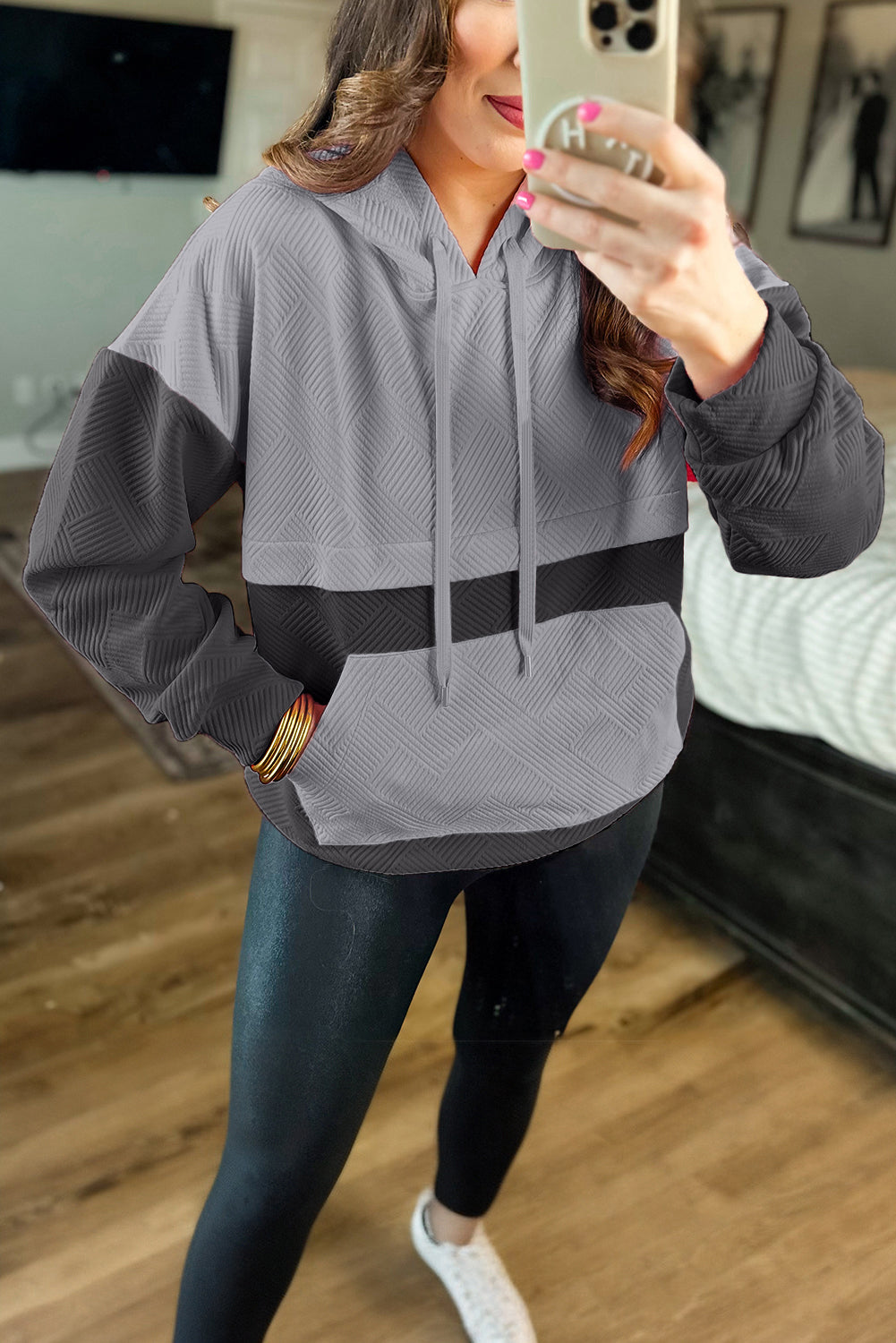 Gray Textured Color Block Kangaroo Pocket Drop Shoulder Hoodie-Tops/Sweatshirts & Hoodies-[Adult]-[Female]-2022 Online Blue Zone Planet