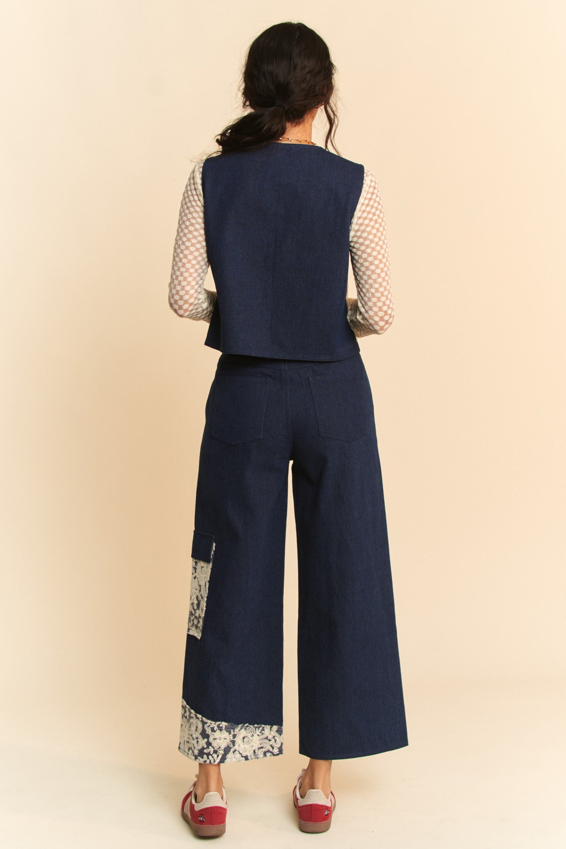 Davi & Dani Lace Applique Wide Leg Jeans-BOTTOMS-[Adult]-[Female]-2022 Online Blue Zone Planet