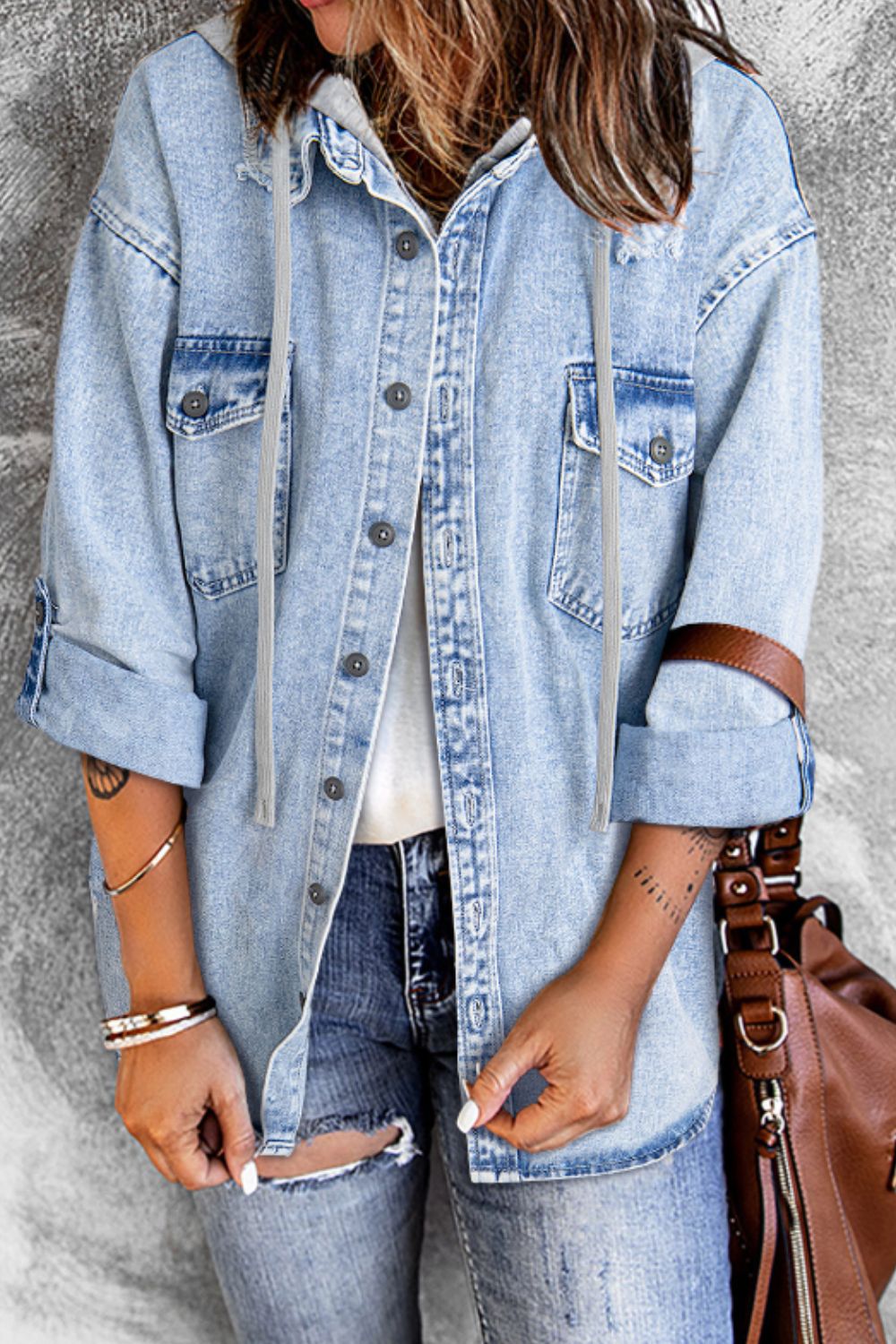 Distressed Button Up Hooded Denim Jacket with Pockets-TOPS / DRESSES-[Adult]-[Female]-Medium-S-2022 Online Blue Zone Planet