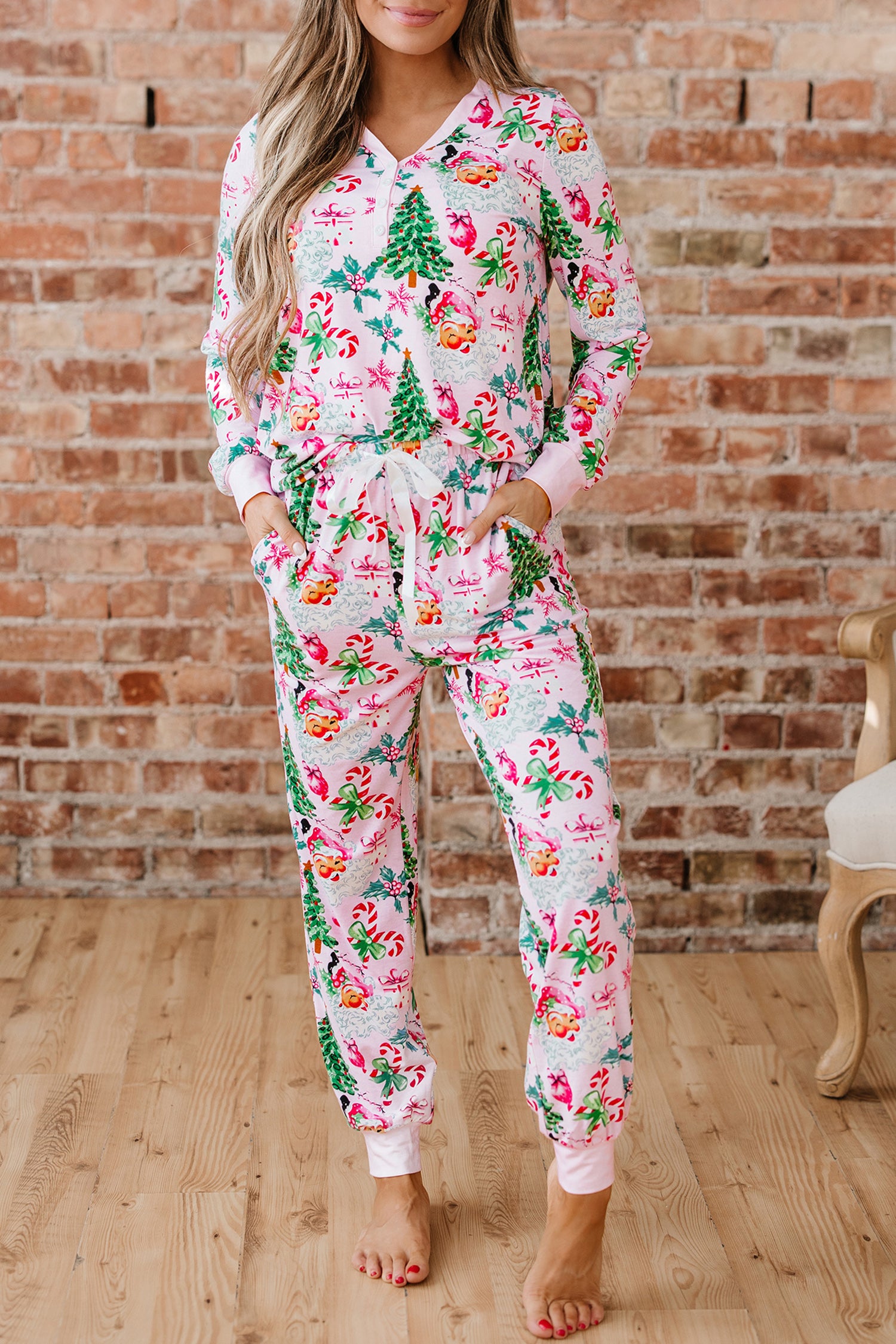 Pink Christmas Pattern Button V Neck Pullover Drawstring Pants 2pcs Lounge Set-Loungewear & Sleepwear/Loungewear-[Adult]-[Female]-2022 Online Blue Zone Planet