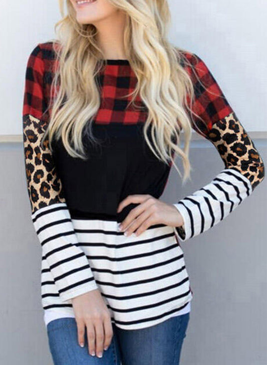 Plaid Print Leopard Splicing Striped Color Block Long Sleeve Top-Sale (50% OFF)/$1.99 SALE-[Adult]-[Female]-Leopard-S-2022 Online Blue Zone Planet