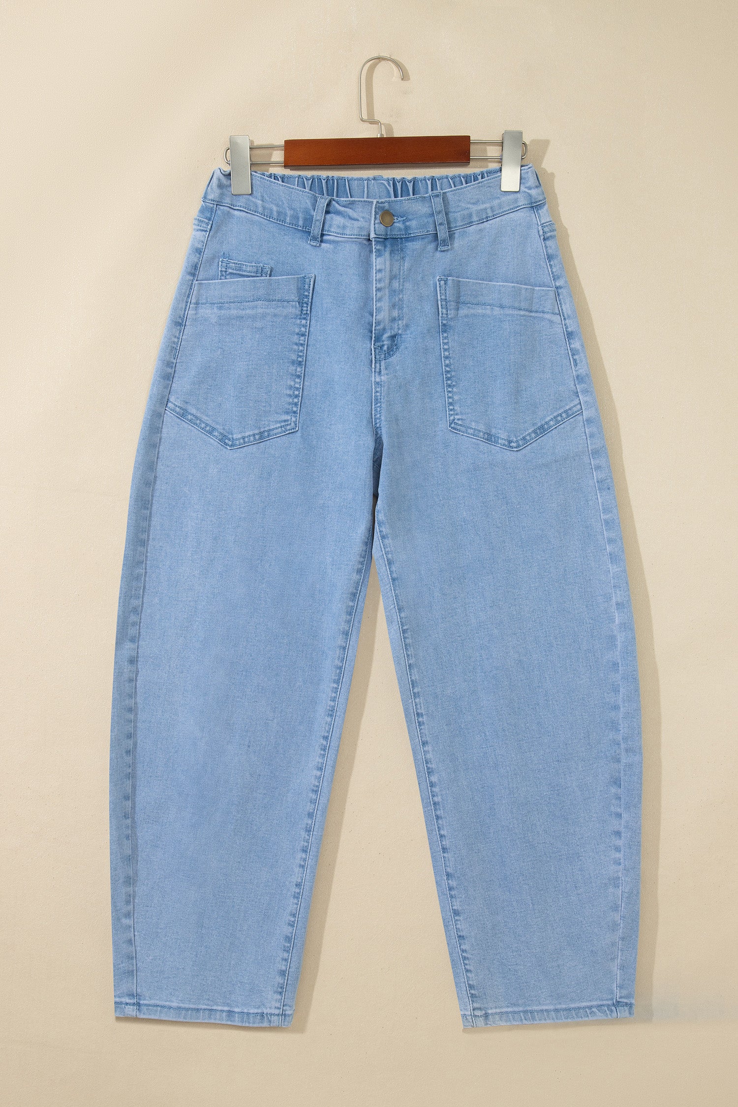 Beau Blue Solid Color Square Patch Pocket Ankle-length Barrel Jeans-Bottoms/Jeans-[Adult]-[Female]-2022 Online Blue Zone Planet