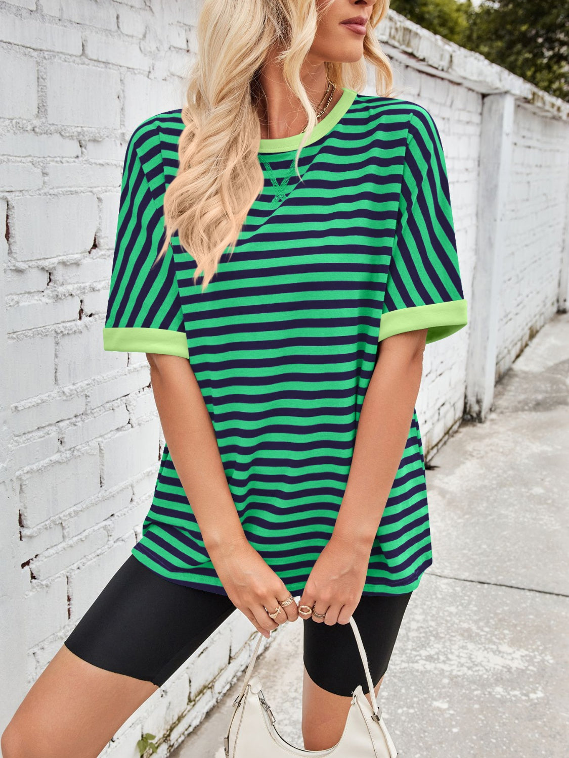 Lovelet Striped Round Neck Half Sleeve T-Shirt-TOPS / DRESSES-[Adult]-[Female]-2022 Online Blue Zone Planet