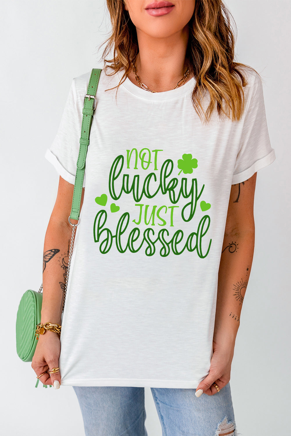 White St Patricks Not Luck Just Blessed Graphic T-shirt-Graphic/Graphic Tees-[Adult]-[Female]-2022 Online Blue Zone Planet