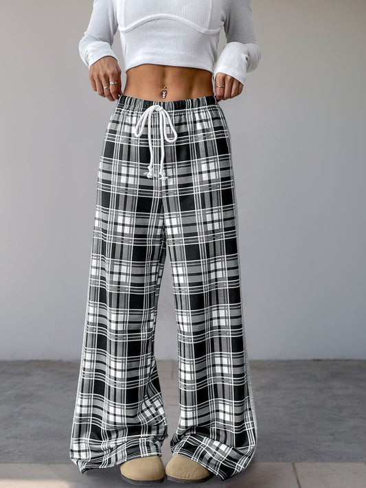 Perfee Drawstring Plaid Wide Leg Pants-BOTTOMS SIZES SMALL MEDIUM LARGE-[Adult]-[Female]-Black-S-2022 Online Blue Zone Planet