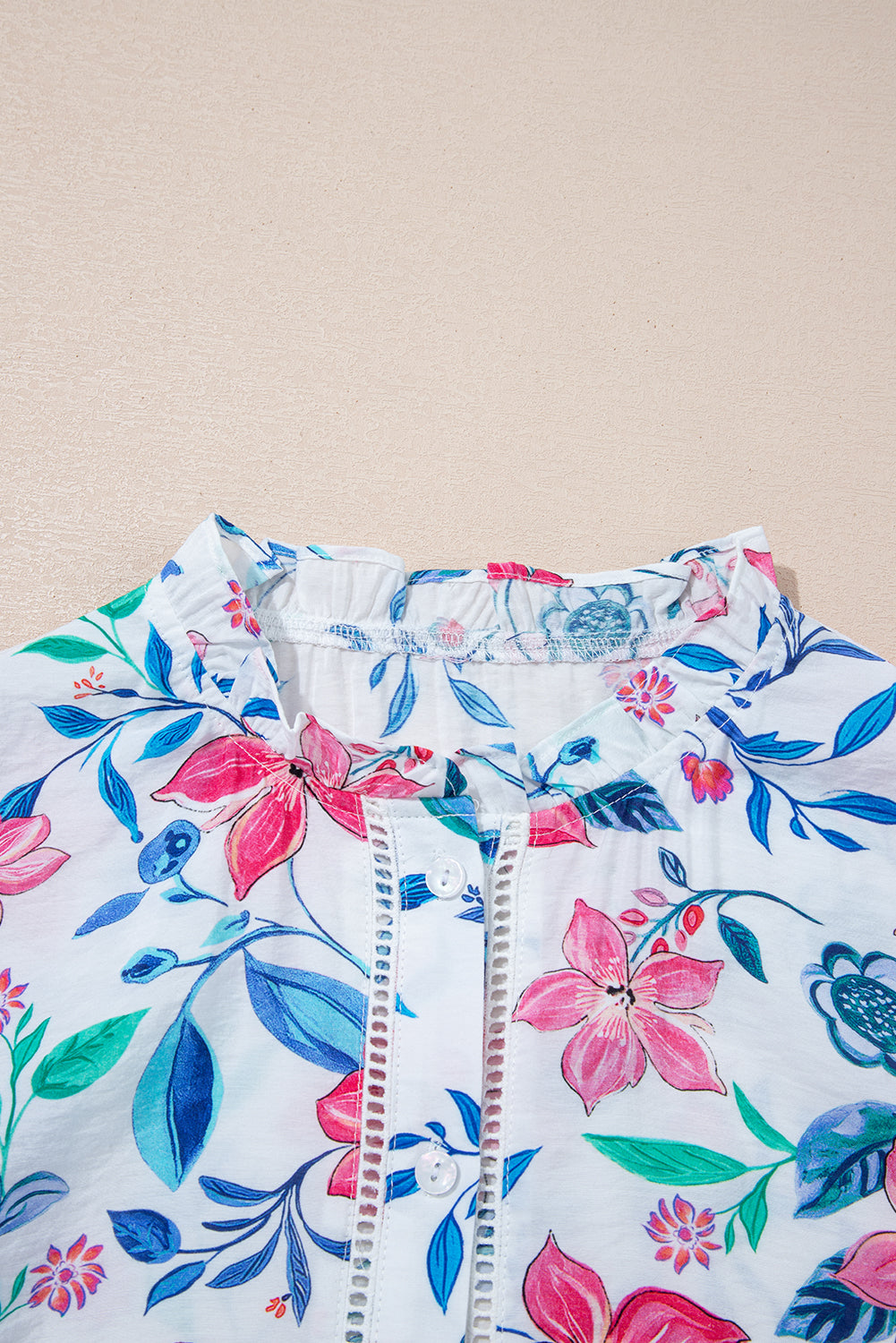 Pink Floral Print Lace Detail Button-Up Long Sleeve Shirt-Tops/Blouses & Shirts-[Adult]-[Female]-2022 Online Blue Zone Planet