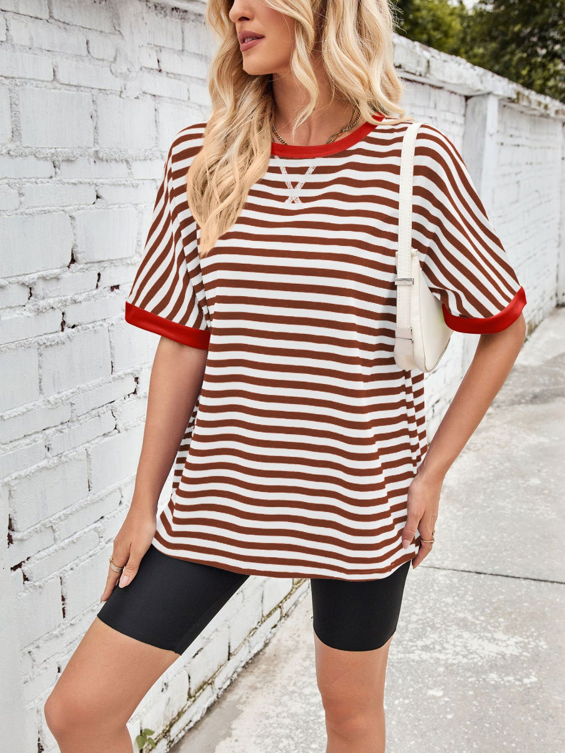 Lovelet Striped Round Neck Half Sleeve T-Shirt-TOPS / DRESSES-[Adult]-[Female]-2022 Online Blue Zone Planet