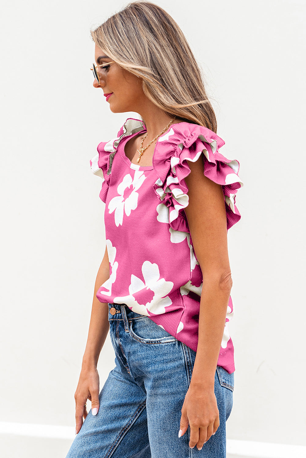 Pink Floral Textured Ruffled Short Sleeve Square Neck Blouse-Tops/Blouses & Shirts-[Adult]-[Female]-2022 Online Blue Zone Planet