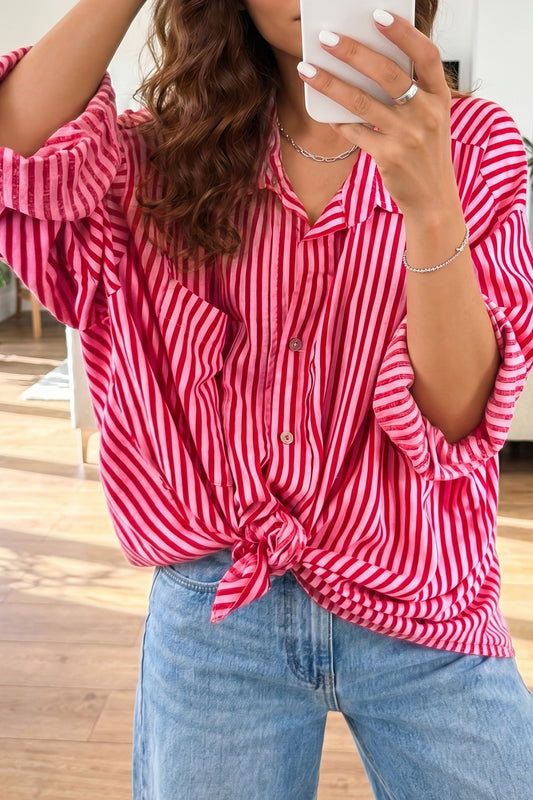 Red Stripe Button-Up Shirt Long Sleeve Patch Pocket Casual Shirt-Tops/Blouses & Shirts-[Adult]-[Female]-Red Stripe-S-2022 Online Blue Zone Planet