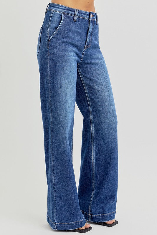 RISEN Full Size High Rise Wide Leg Jeans with Slanted Pockets-BOTTOMS SIZES SMALL MEDIUM LARGE-[Adult]-[Female]-2022 Online Blue Zone Planet