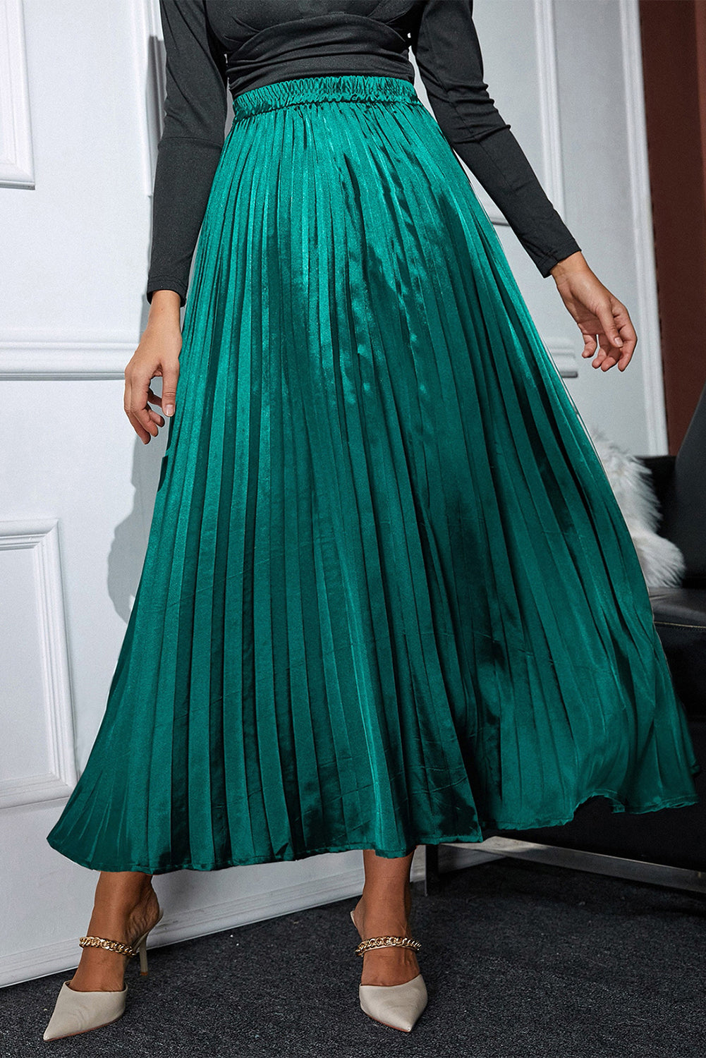 Blackish Green Satin Elastic Waist Pleated Maxi Skirt-Bottoms/Skirts & Petticoat-[Adult]-[Female]-Blackish Green-S-2022 Online Blue Zone Planet